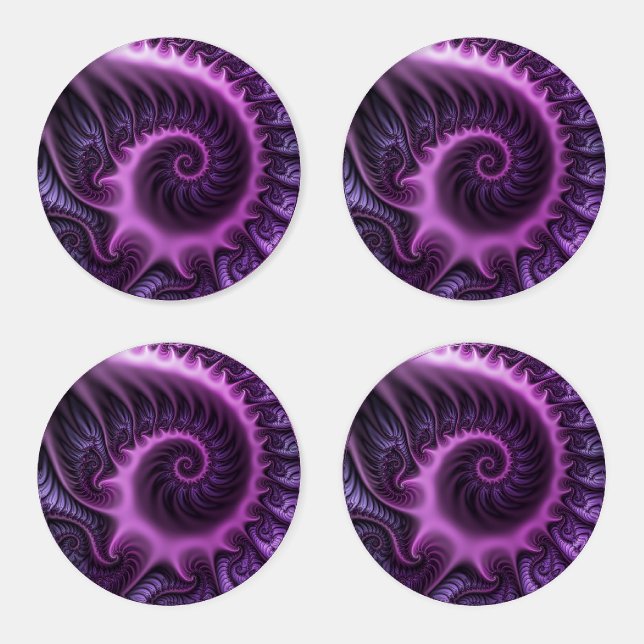 Vivid Abstract Cool Pink Purple Fractal Art Spiral Coaster Set (Set)
