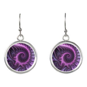 Vivid Abstract Cool Pink Purple Fractal Art Spiral Earrings