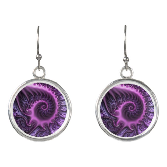 Vivid Abstract Cool Pink Purple Fractal Art Spiral Earrings (Front)