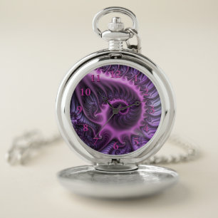 Vivid Abstract Cool Pink Purple Fractal Art Spiral Pocket Watch