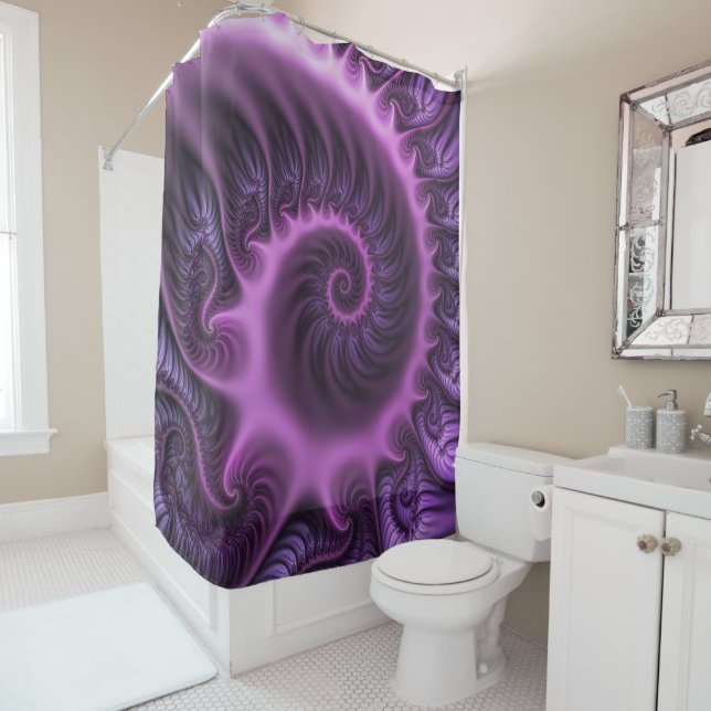 Vivid Abstract Cool Pink Purple Fractal Art Spiral Shower Curtain (In Situ)