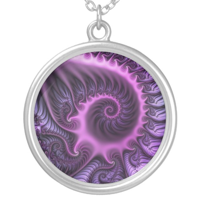 Vivid Abstract Cool Pink Purple Fractal Art Spiral Silver Plated Necklace (Front)