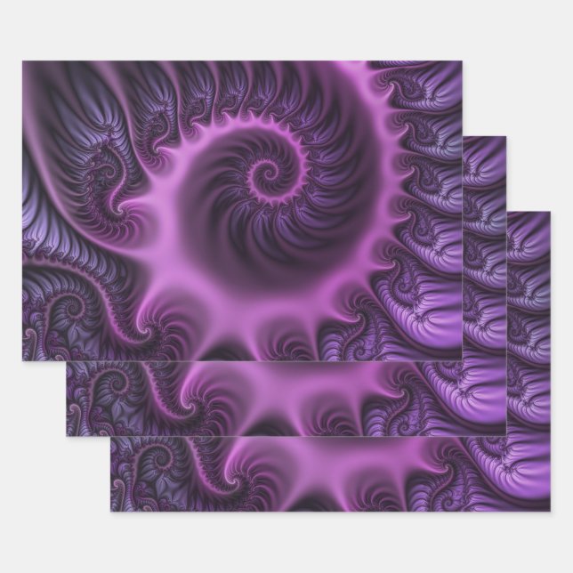 Vivid Abstract Cool Pink Purple Fractal Art Spiral Wrapping Paper Sheets (Set)