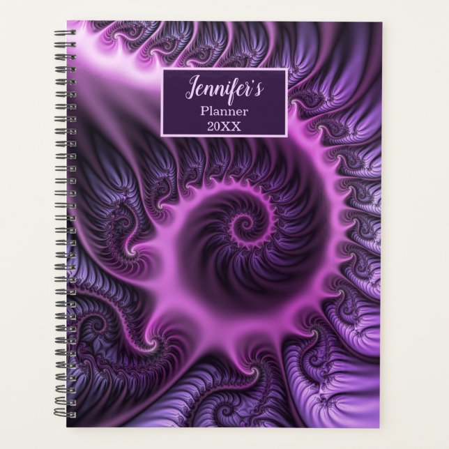 Vivid Abstract Pink Purple Fractal Art Spiral Name Planner (Front)