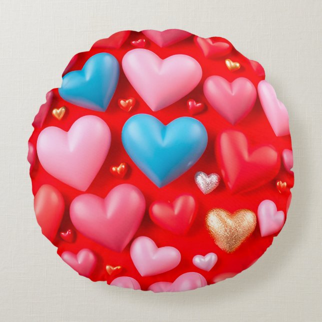 Vivid arrangement of hearts round pillow (Front)