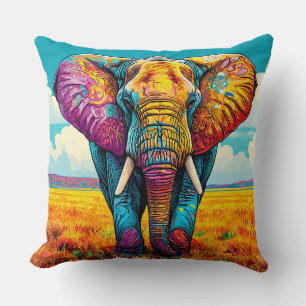 Vivid Artistic Elephant in a Colorful Field Throw Pillow