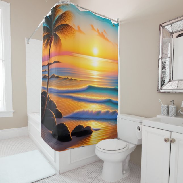 Vivid Beach Sunset Shower Curtain (In Situ)