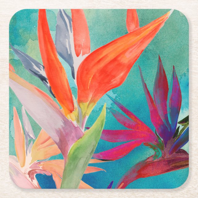 Vivid Birds of Paradise Square Paper Coaster (Front)