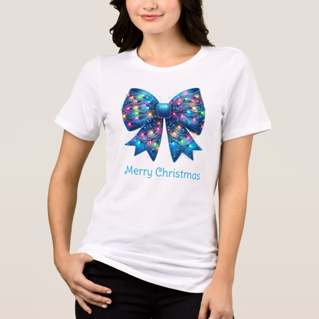 Vivid Blue Coquette Christmas Lights Bow Tri-Blend Shirt (Front)