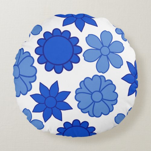 Vivid Blue Floral Round Pillow