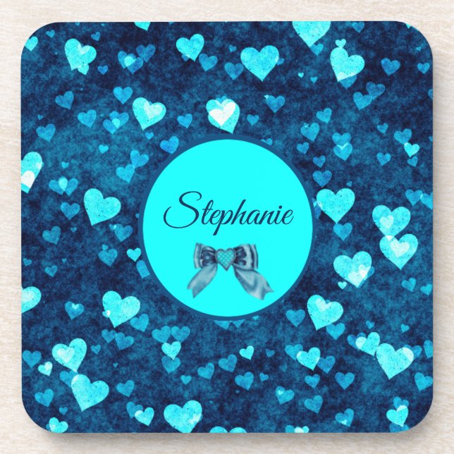 Vivid Blue Hearts Beverage Coaster (Front)