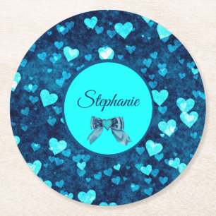 Vivid Blue Hearts Round Paper Coaster