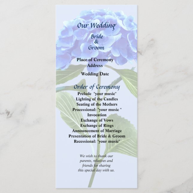 Vivid Blue Hydrangea Wedding Program (Front)