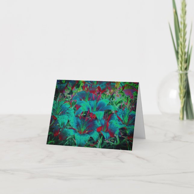 Vivid Blue Lilies Floral Art Note Card (Front)