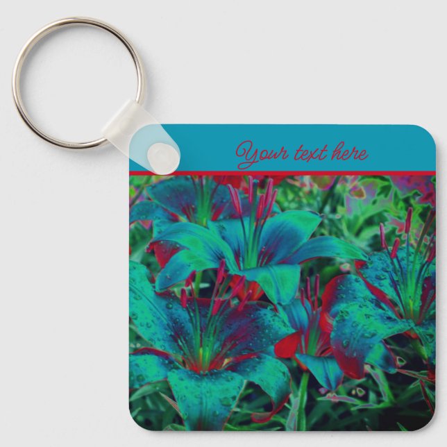 Vivid Blue Lily Flowers Personalized Keychain (Front)