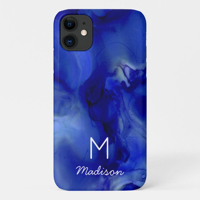 Vivid Blue Marbled Alcohol Ink Texture Monogram Case-Mate iPhone Case (Back)
