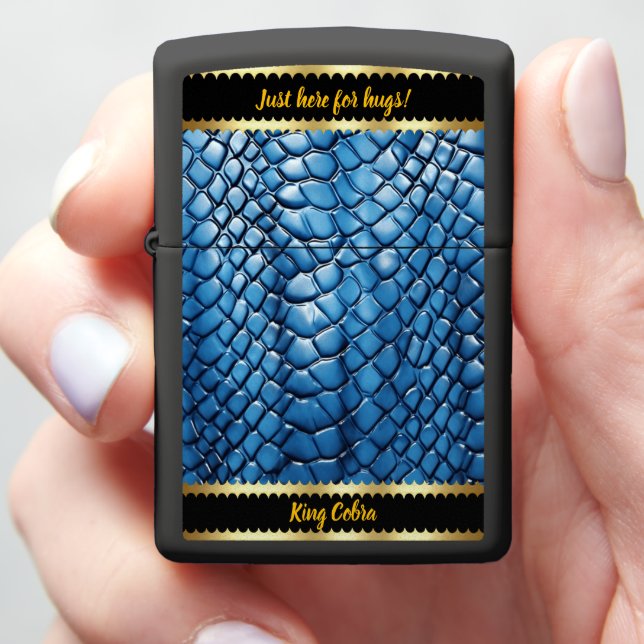 Vivid blue snakeskin shimmering under soft light zippo lighter (In Hand)