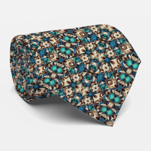 Vivid Blue, Teal, Brown & Cream Floral Pattern Neck Tie