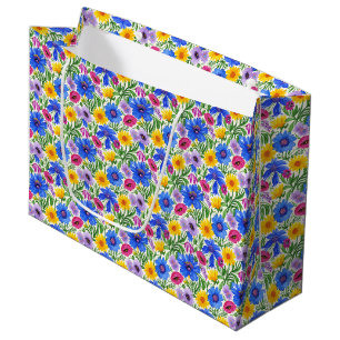 Vivid Blue Yellow Red Purple Flowers Pattern Large Gift Bag