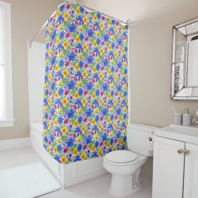 Vivid Blue Yellow Red Purple Flowers Pattern Shower Curtain (In Situ)