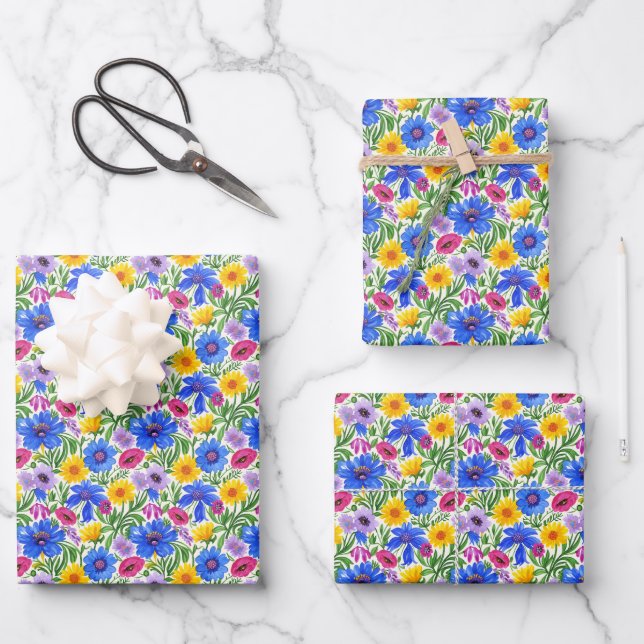 Vivid Blue Yellow Red Purple Flowers Pattern Wrapping Paper Sheets (Front)