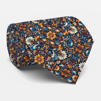 Vivid Blues, Orange & White Floral Swirl Pattern Neck Tie