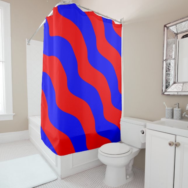 Vivid Bold Waves of Red and Blue Stripes Shower Curtain (In Situ)