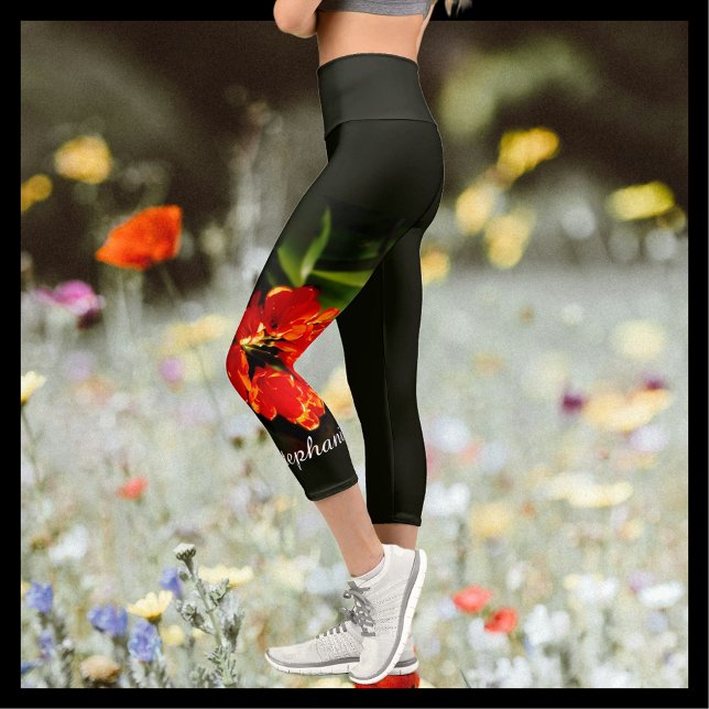 Vivid Bright Orange Floral with Personalized Name Capri Leggings (Creator Uploaded)