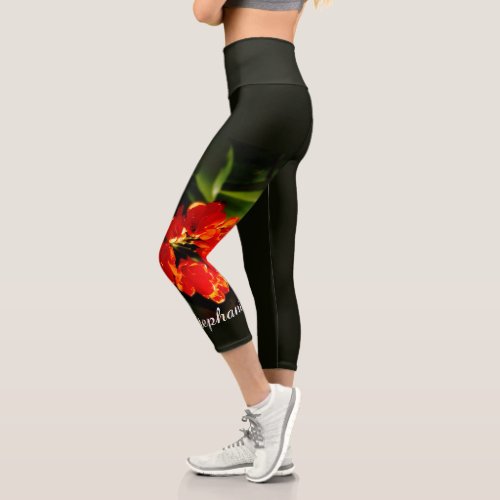 Vivid Bright Orange Floral with Personalized Name Capri Leggings