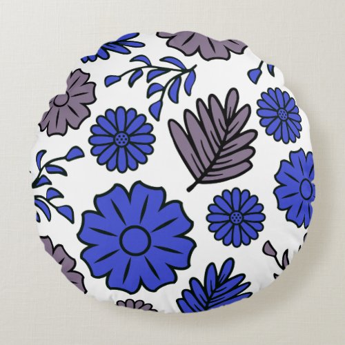 Vivid Brown  Deep Blue Floral Round Pillow