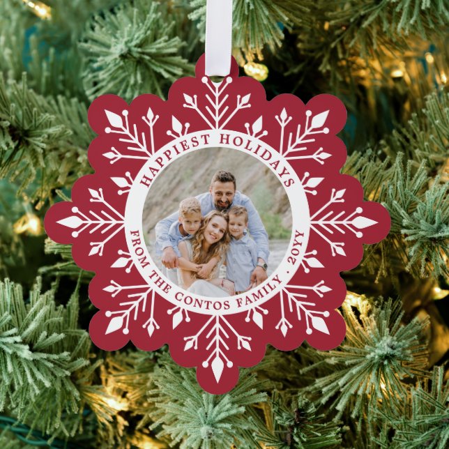 Vivid Burgundy Snowflake Happy Holidays Photo Ornament Card (Insitu (Tree))