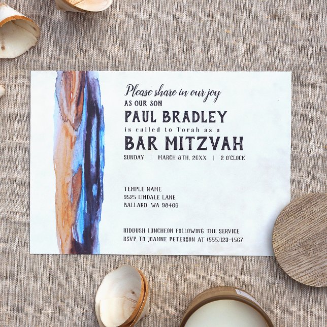 Vivid Caramel & Blue Bar Mitzvah Invitation (modern bar mitzvah invitations with bold abstract beige brown blue purple paint stroke)