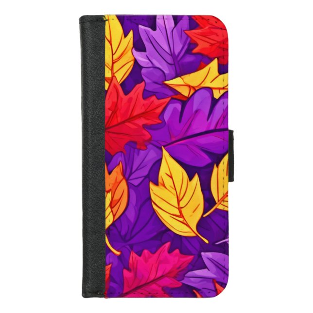 Vivid Cartoon Leaves: Purple, Yellow, Red iPhone Wallet Case (Front)