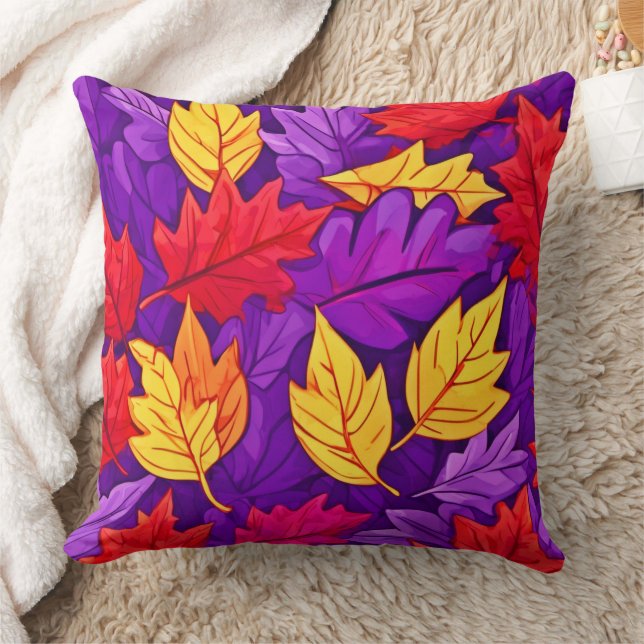 Vivid Cartoon Leaves: Purple, Yellow, Red Throw Pillow (Blanket)
