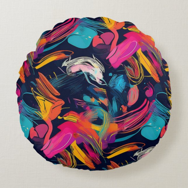 Vivid Chaos Splash Graffiti Round Pillow (Front)