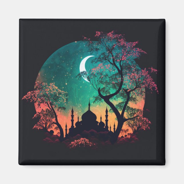 Vivid Cherry Blossom Islamic Mosque Fridge Magnet (Front)