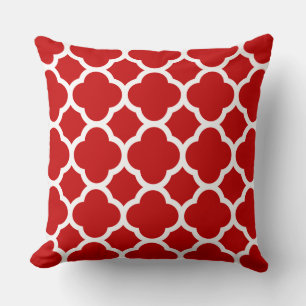 Vivid Cherry Red and White Quatrefoil Pattern Throw Pillow
