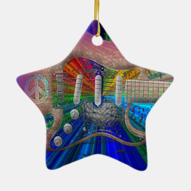 Vivid Colors Peace Guitar - Star Ceramic Ornament (Back)