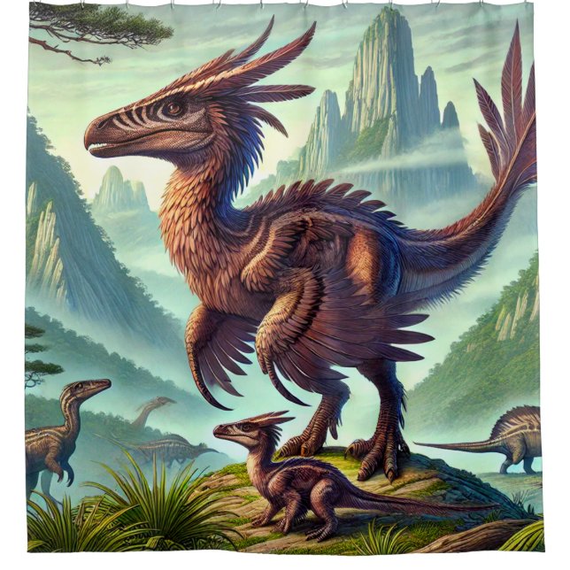 Vivid Feathered Dinosaur Scene Shower Curtain (Front)
