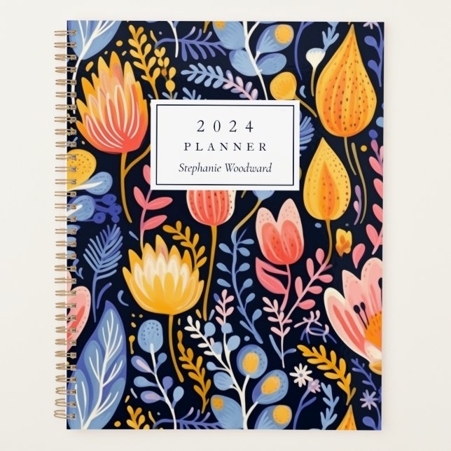 Vivid Floral Hand Painted Blue Monogram 2024 Planner (Front)