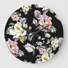 Vivid Floral Watercolor: Black Background Large Clock
