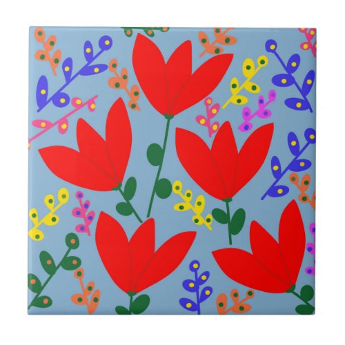 Vivid folk art scandinavian Nordic flower Ceramic Tile