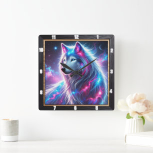 Vivid Galaxy Wolf Vibrant Celestial and Ethereal Square Wall Clock