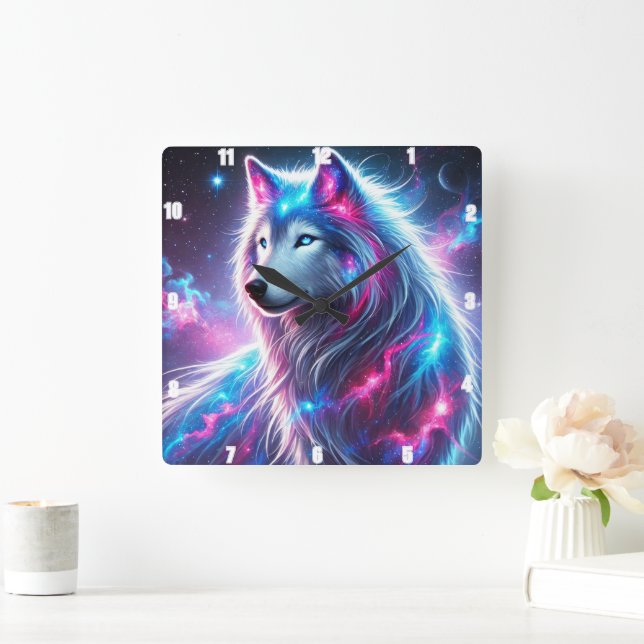 Vivid Galaxy Wolf Vibrant Celestial and Ethereal Square Wall Clock (Home)