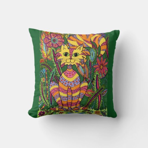 Vivid Garden Cat 2 with Green Background Throw Pillow