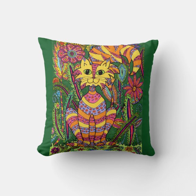 Vivid Garden Cat 2 with Green Background Throw Pillow (Front)