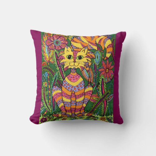 Vivid Garden Cat 2 with Purple Background Throw Pillow