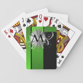 Vivid Green And Black Monogram Playing Cards by monogramgiftz at Zazzle