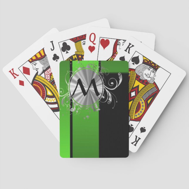 Vivid green and black monogram poker cards (Back)