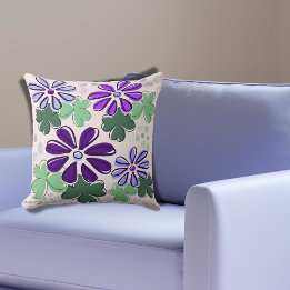 Vivid Green and Purple Clover & Flower Doodle Throw Pillow